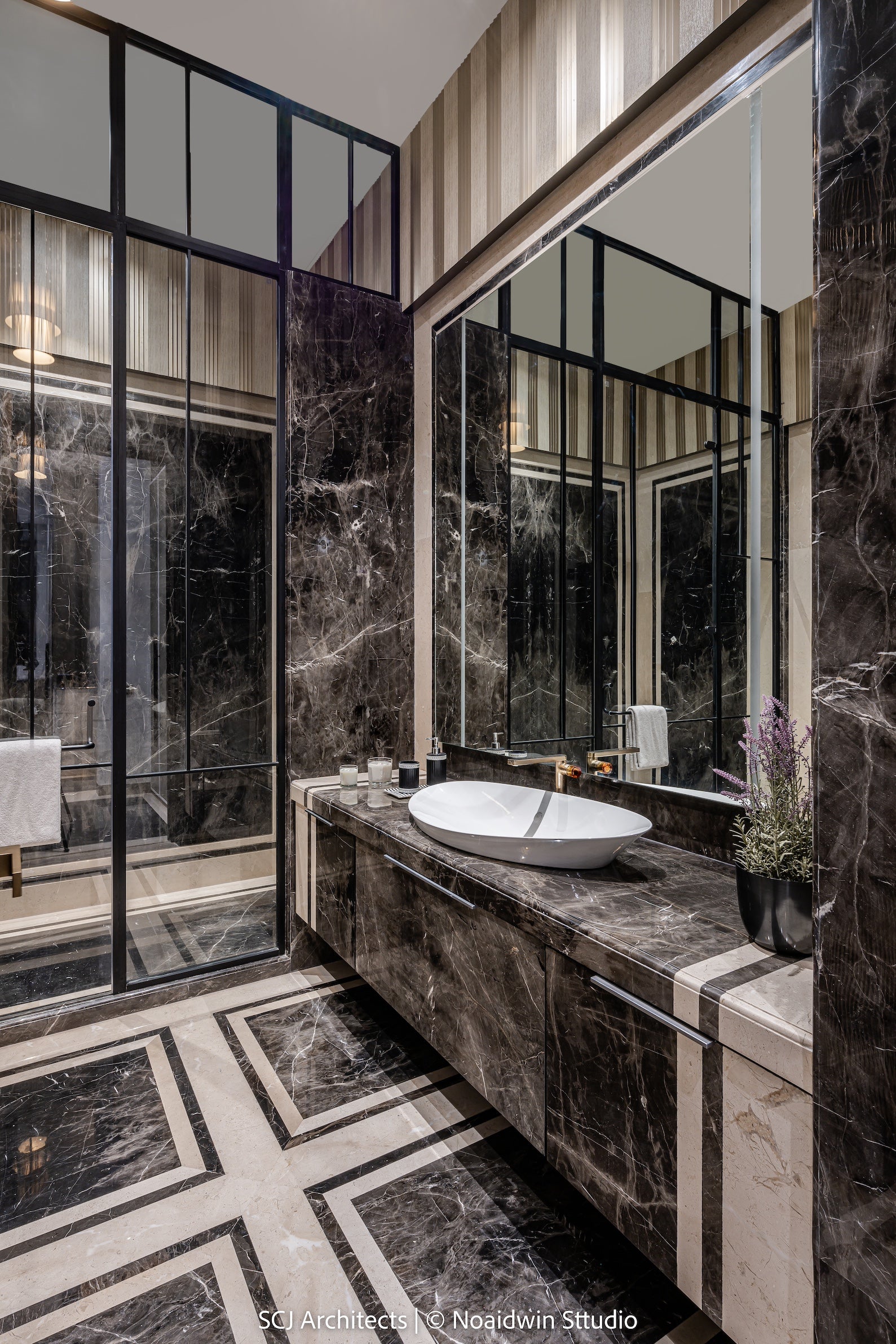 luxury bedroom with black and white marble interiors
