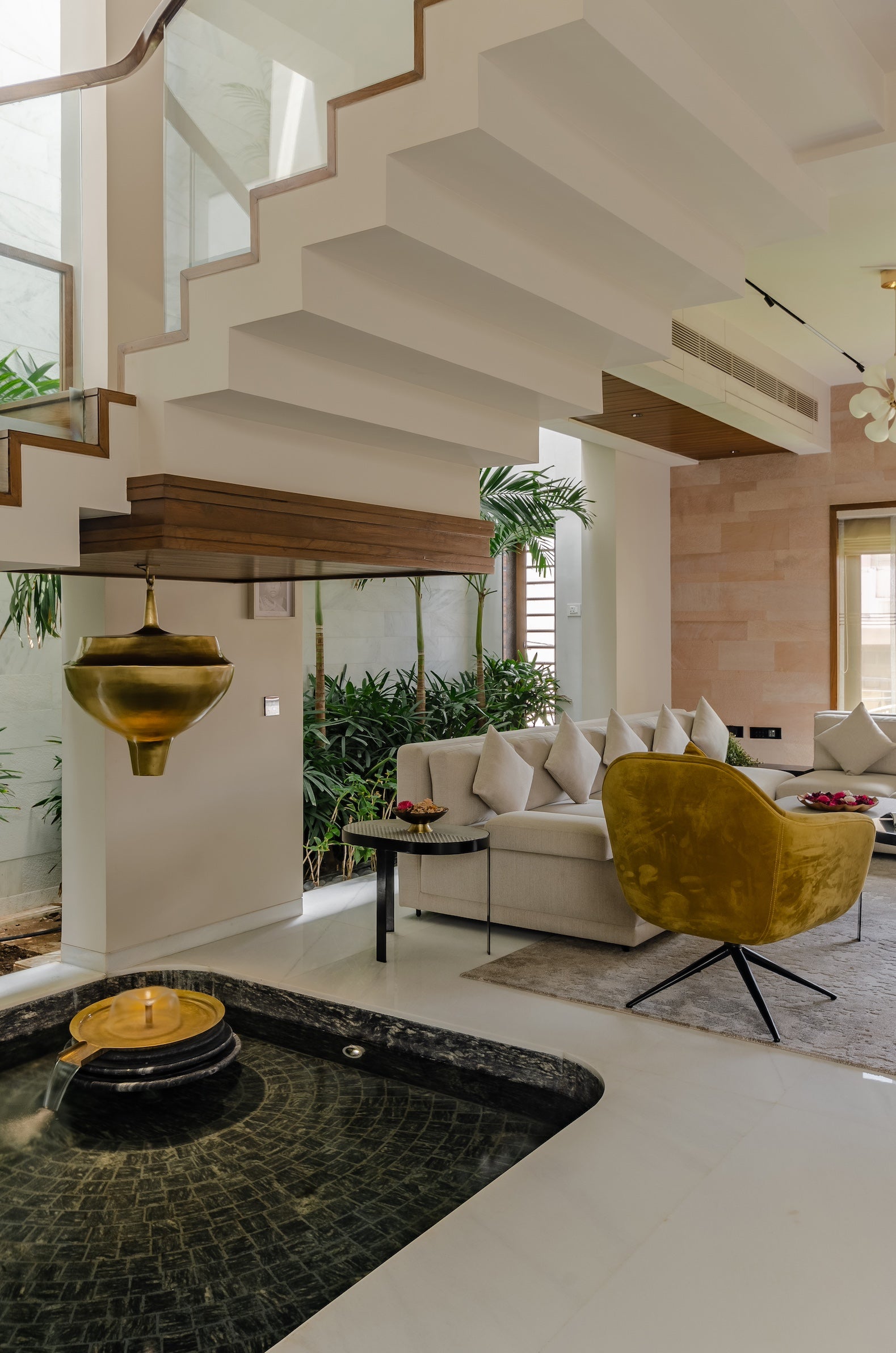 unique living room interior with modern sofa and accent chairs