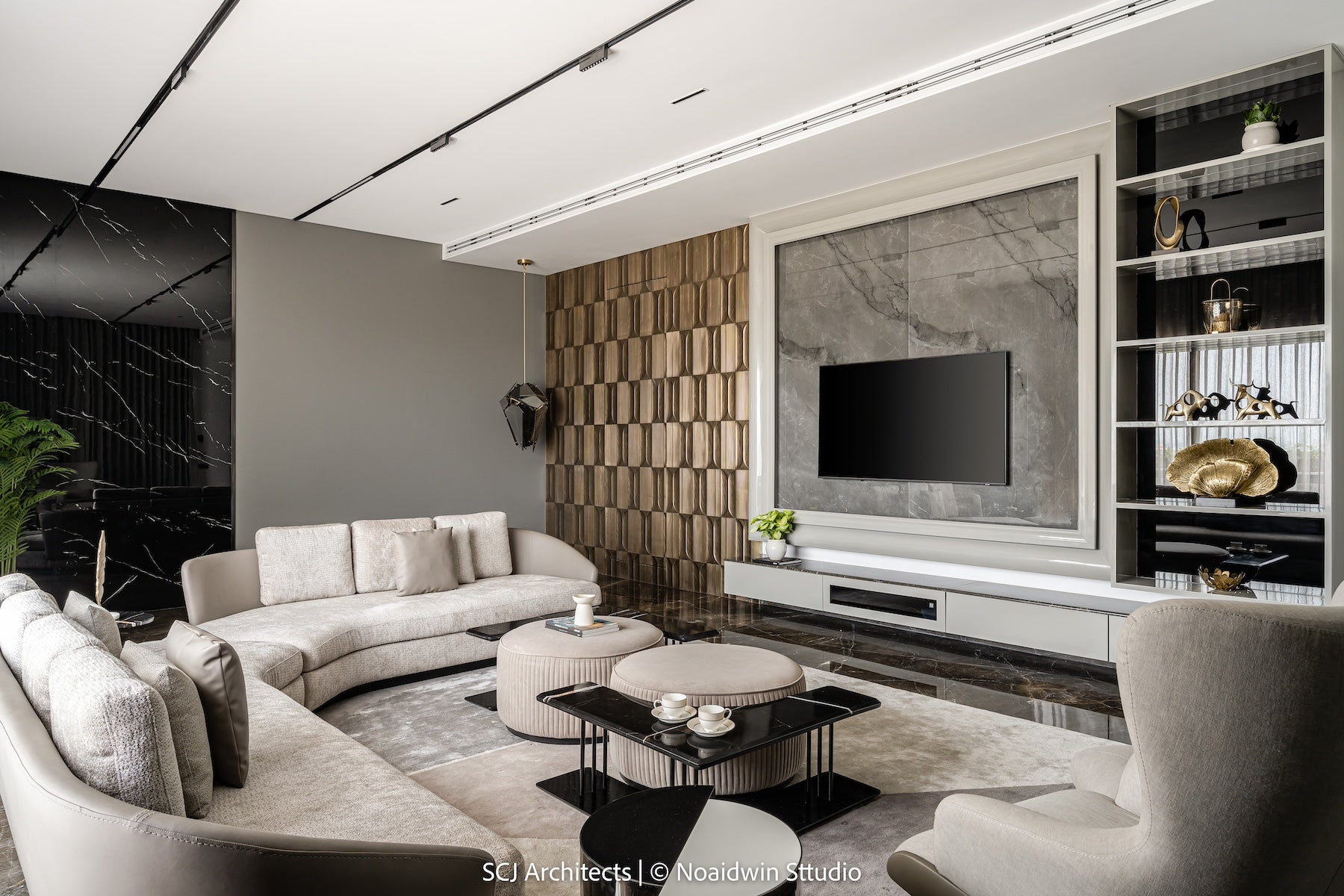 Stylish lounge area with a curved sectional sofa set, sleek wooden coffee table, custom entertainment console, and modern armchair, elevating the luxury aesthetic.