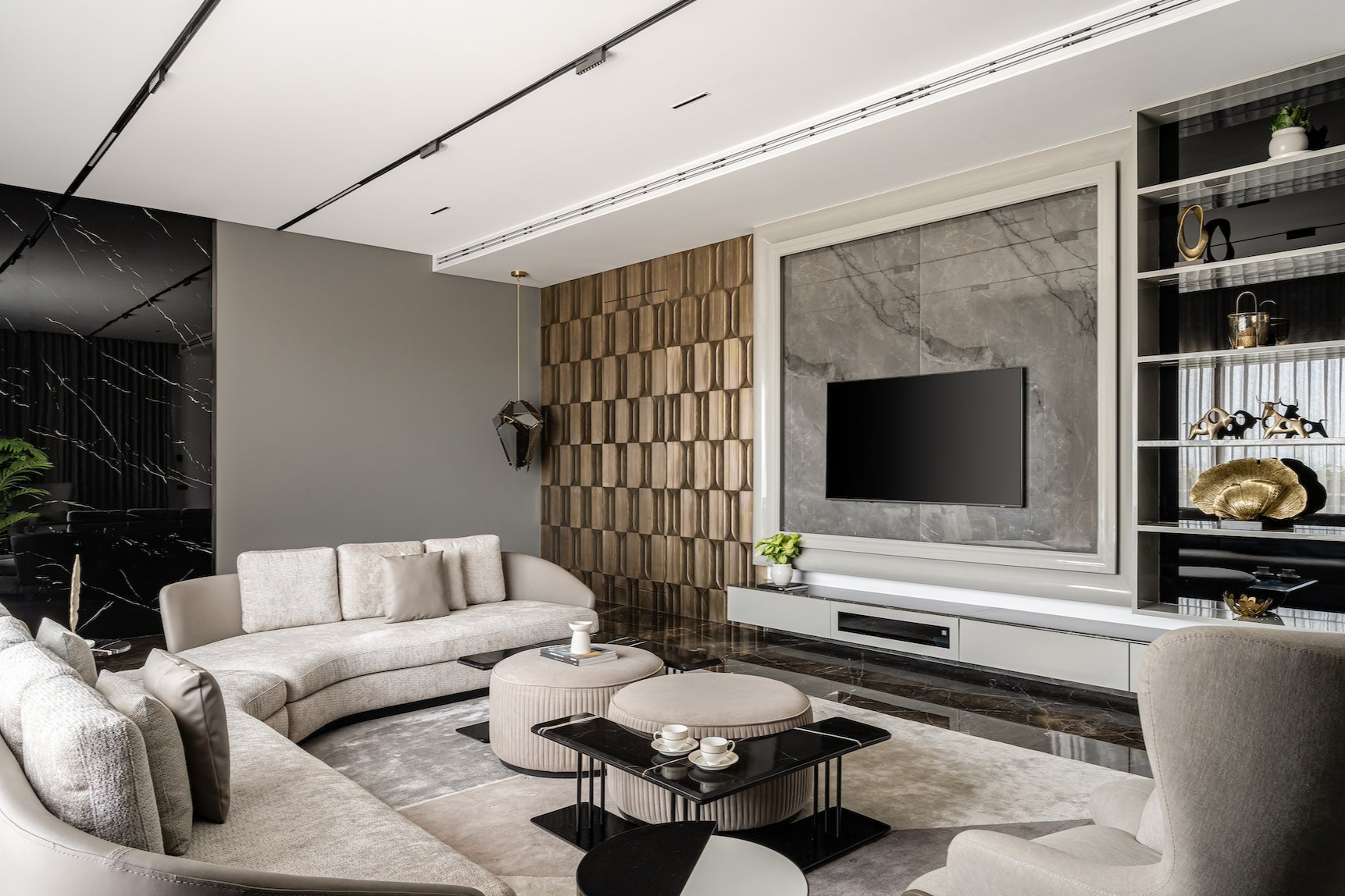 luxury lounge room with custom furniture and decor - Maanavi Homes