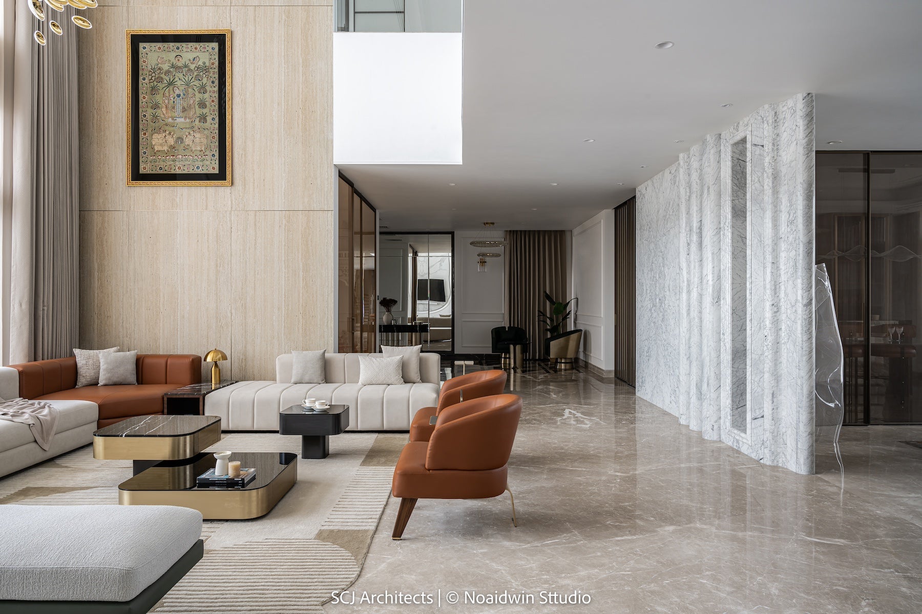 Modern luxury living room with an Italian leather sofa set, marble coffee table, and customized accent chairs, styled with artistic decor and matching rug.