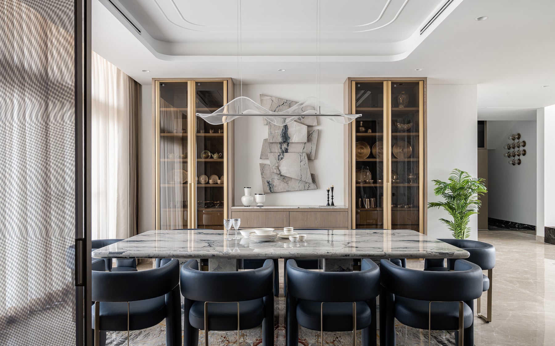 dining table with marble top and modern dining chair