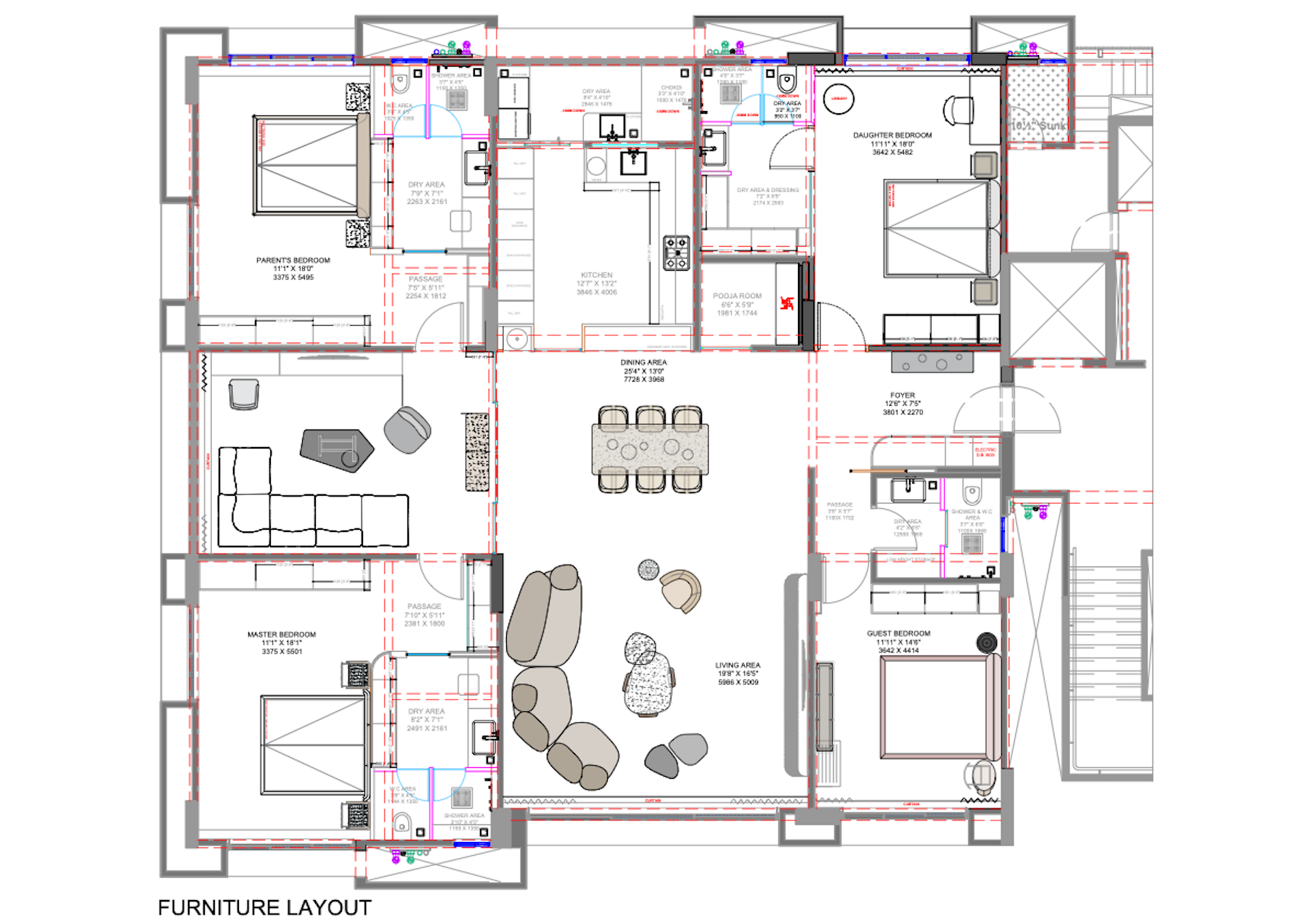 Modern Furniture Layout Drawing by Maanavi Homes